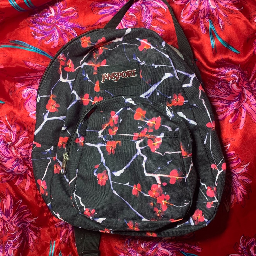 Black small mini jansport cherry blossom backpack